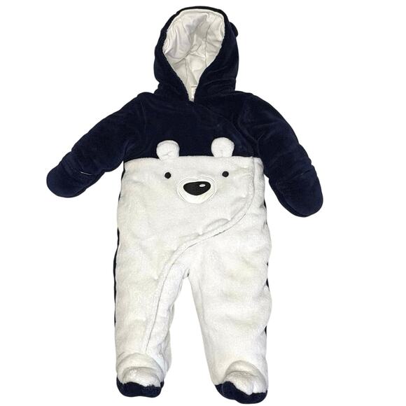 First Wish Infant One Piece Snowsuit Boys 3-6M Blue White Plush Layette Bunting - Picture 1 of 9